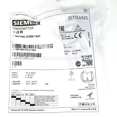 Buy NEW SIEMENS 7MF1565-3CD00-1AA1 Pressure Transmitters • 209.40$