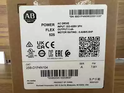 Buy New Allen-Bradley 25B-D1P4N104 PowerFlex 525 0.4kW 0.5Hp AC Drive 3 PH 1.4 Amps • 264$