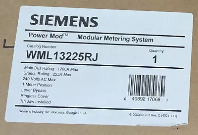 Buy ⚡ Siemens LEVER BYPASS RINGLESS WML13225RJ 1200A 225 Amp 3PH  Meter Stack • 3,495$