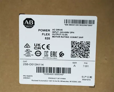 Buy New AB 25B-D013N114 /A Allen-Bradley PowerFlex 525 5.5kW 7.5Hp AC Drive Sealed • 490$