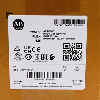 Buy New Sealed Allen Bradley 25B-D1P4N104 PowerFlex 525 0.4kW AC Drive • 264.89$