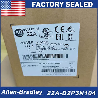Buy Allen Bradley 22A-D2P3N104 Powerflex 4 AC Drive 1HP Surplus New Factory SEALED • 455$