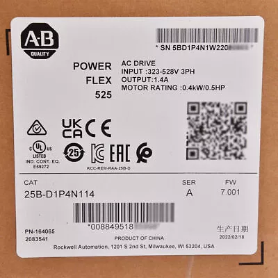 Buy 2022 Sealed AB 25B-D1P4N114 Allen-Bradley PowerFlex 525 0.4kW 0.5Hp AC Drive • 251.15$