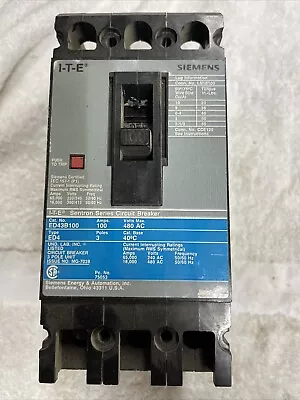 Buy Siemens Ed43b100 Sentron Series Circuit Breaker 100 Amp 480v 3pole • 200$