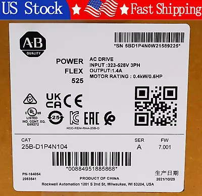 Buy 1PCS NEW Unopened Allen-Bradley 25B-D1P4N104 PowerFlex 525 0.4kW AC Drive • 225.37$
