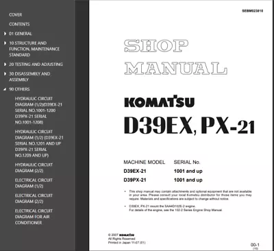 Buy Komatsu D39EX-21, D39PX-21 Bulldozer Workshop Repair Service Manual # SEBM023810 • 29.99$