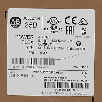 Buy Allen-Bradley 25B-D1P4N114 PowerFlex 525 0.4kW 0.5Hp AC Drive • 279.89$