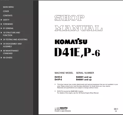 Buy Komatsu D41E-6 D41P-6 Bulldozer Dozer Shop Service Repair Manual S/N B40001 UP • 44.49$