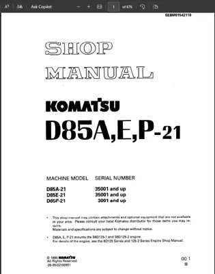 Buy Komatsu D85A-21, D85E-21, D85P-21 Bulldozer Repair Service Manual #SEBM01542110 • 34.99$