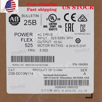 Buy Allen-Bradley 25B-D010N114 PowerFlex 525 4kW (5Hp) AC Drive Factory Sealed US • 443.22$