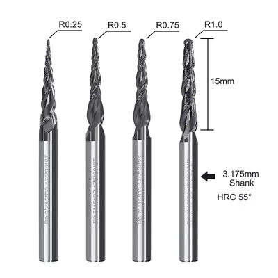 Buy 4Pcs Tapered Ball Nose Carving End Mill 1/8'' Shank R0.25-R1.0 CNC Router Bits • 18.04$