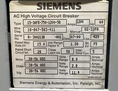 Buy Siemens Ac High Voltage Circuit Breaker 15-3afr-750-1200-58 1200 Amp For Parts • 16,500.24$