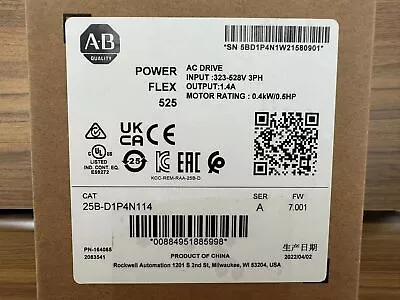Buy 25B-D1P4N114 2022 SER A Allen Bradley PowerFlex 525 0.4kW 0.5Hp AC Drive NEW • 276.94$