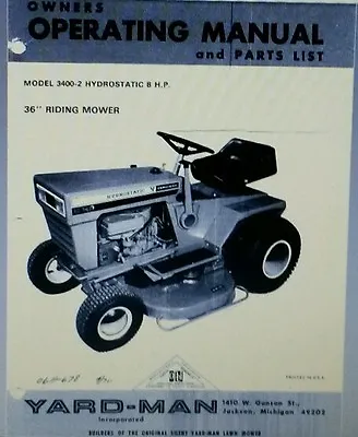 Buy Yard-Man 3400-2 Hydrostatic 8 Hp Riding Lawn Mower Tractor Owner & Parts Manual • 37.99$