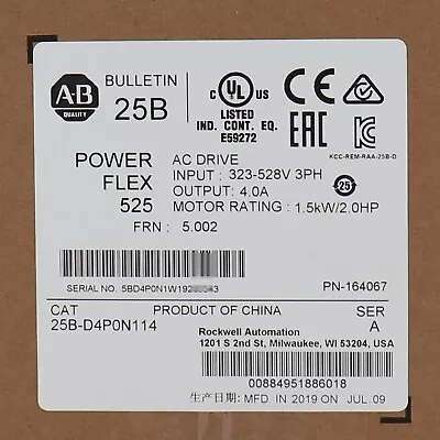 Buy Allen-Bradley 25B-D4P0N114 PowerFlex 525 AC Drive 1.5kW/ 2.0 HP US Stock • 284$