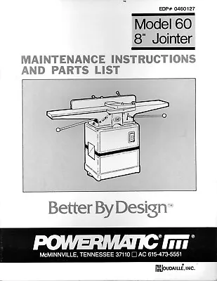 Buy 8in Jointer Maint. Instruction & Parts List Manual Powermatic Model 60 1985 P007 • 19.97$