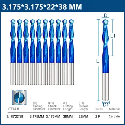 Buy CNC Router Bits 1/8 Inch Shank Ball Nose End Mill With Nano Blue Coating Spiral • 14.53$